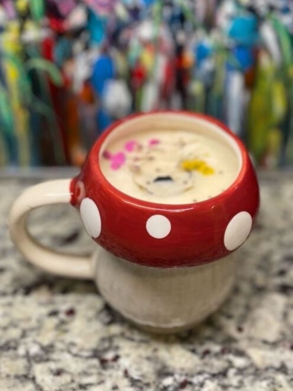 Market Square Mushroom Shaped Red Polka Dot Ceramic Mug Glittery Flower Candle